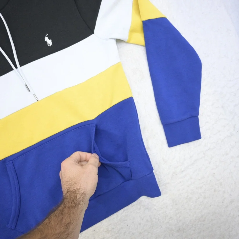 Polo Ralph Lauren Hoodie Mens XS Regular Black White Yellow Blue Colorblock Pony